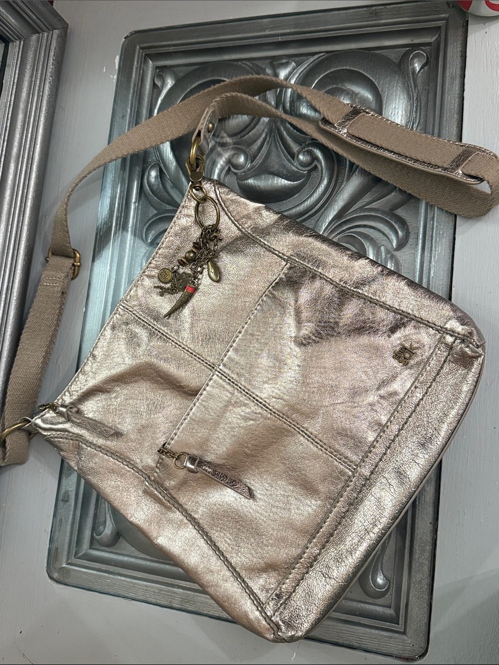 The Sak Metallic Pewter Crossbody Bag Beige Strap